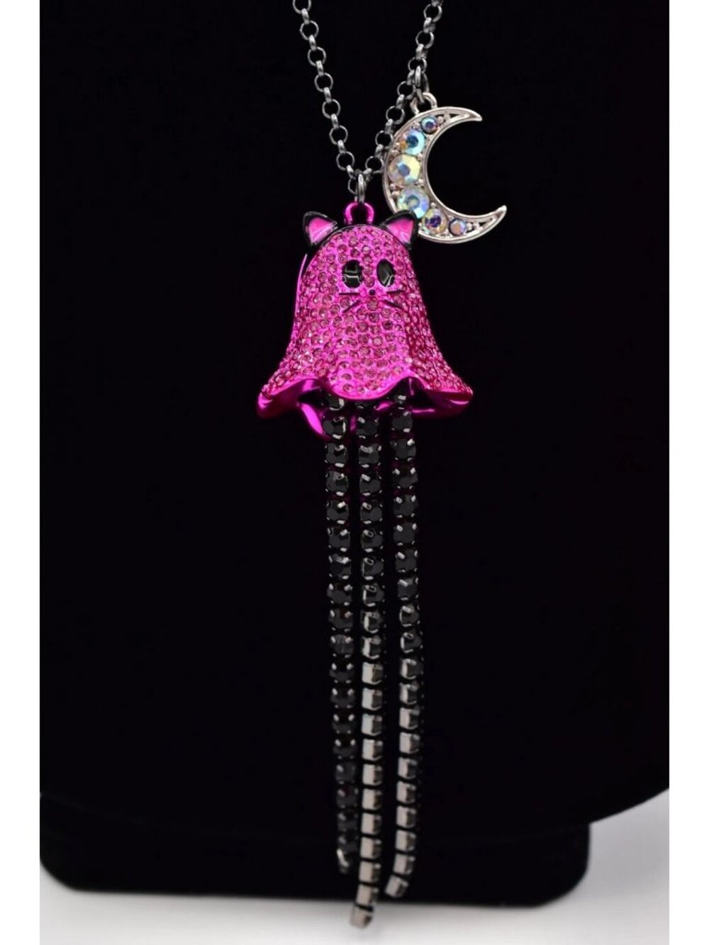 Betsey Johnson Halloween Blingy Ghost Cat Necklace Pink Crystal Black